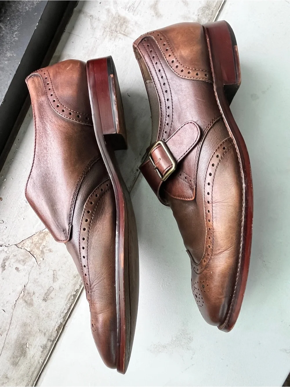 Joseph Abboud Brown Leather Single Monk Strap Brogue Oxfords